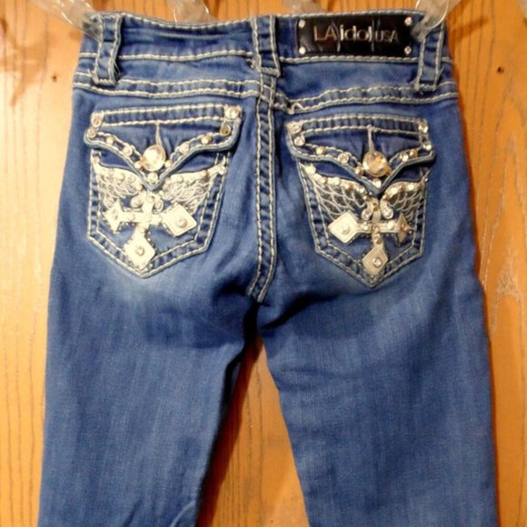 LA IDOL Jeans Sz 0 26x 20 Flap Fleur pocket Bling Dark wash Crop Capri Designer - Picture 5 of 12